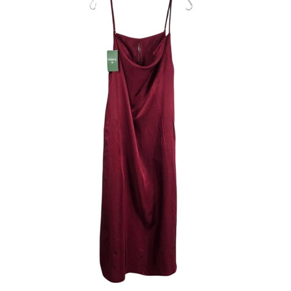 Halara Women M Burgundy Viscose Silky Cowl Neck Midi Slip Adjustable Straps